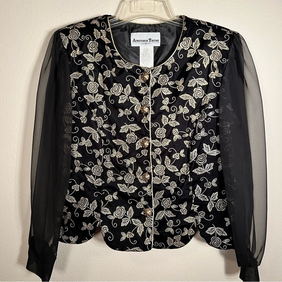 Black and Gold Embroidered Top Sheer Sleeves - Picture 2 of 9